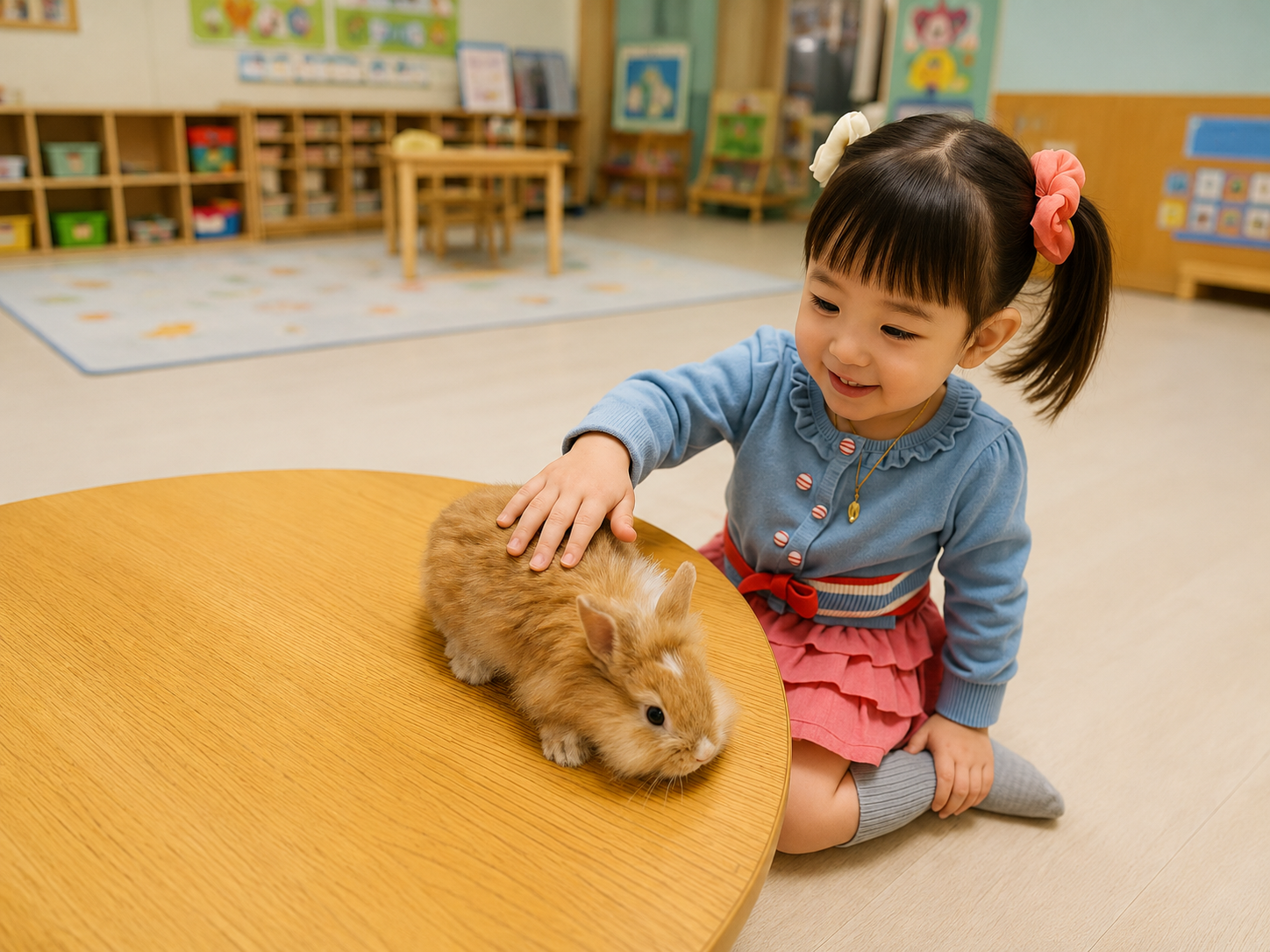 토끼를 가까이에서 살펴보는 아이