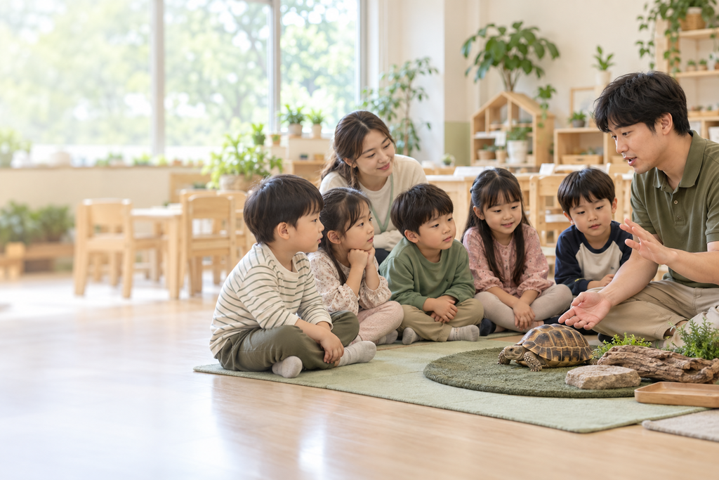 아이들에게 동물 친구를 소개하는 선생님