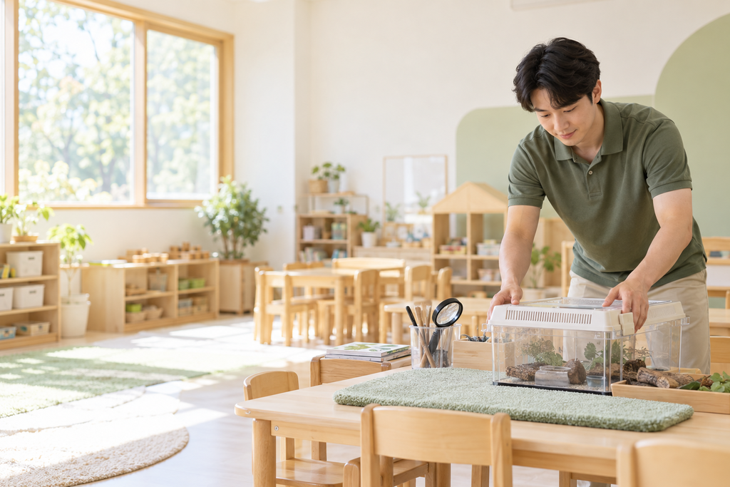 교실 환경을 살피고 수업을 준비하는 선생님